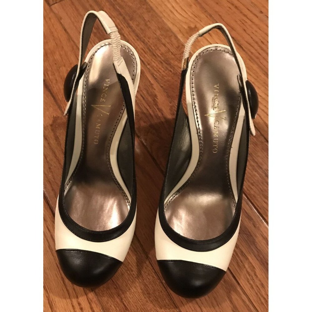 Vince Camuto Heels Womens Shoes White Black Sz 5 Leather Slingback Heels Shoes